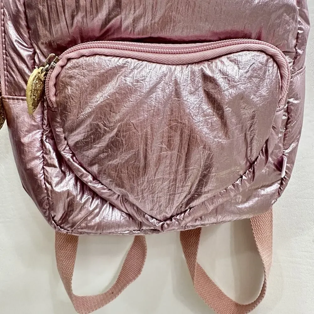 More Than Magic Backpack Kids Pale Pink Iridescent Metallic Heart Pocket Straps